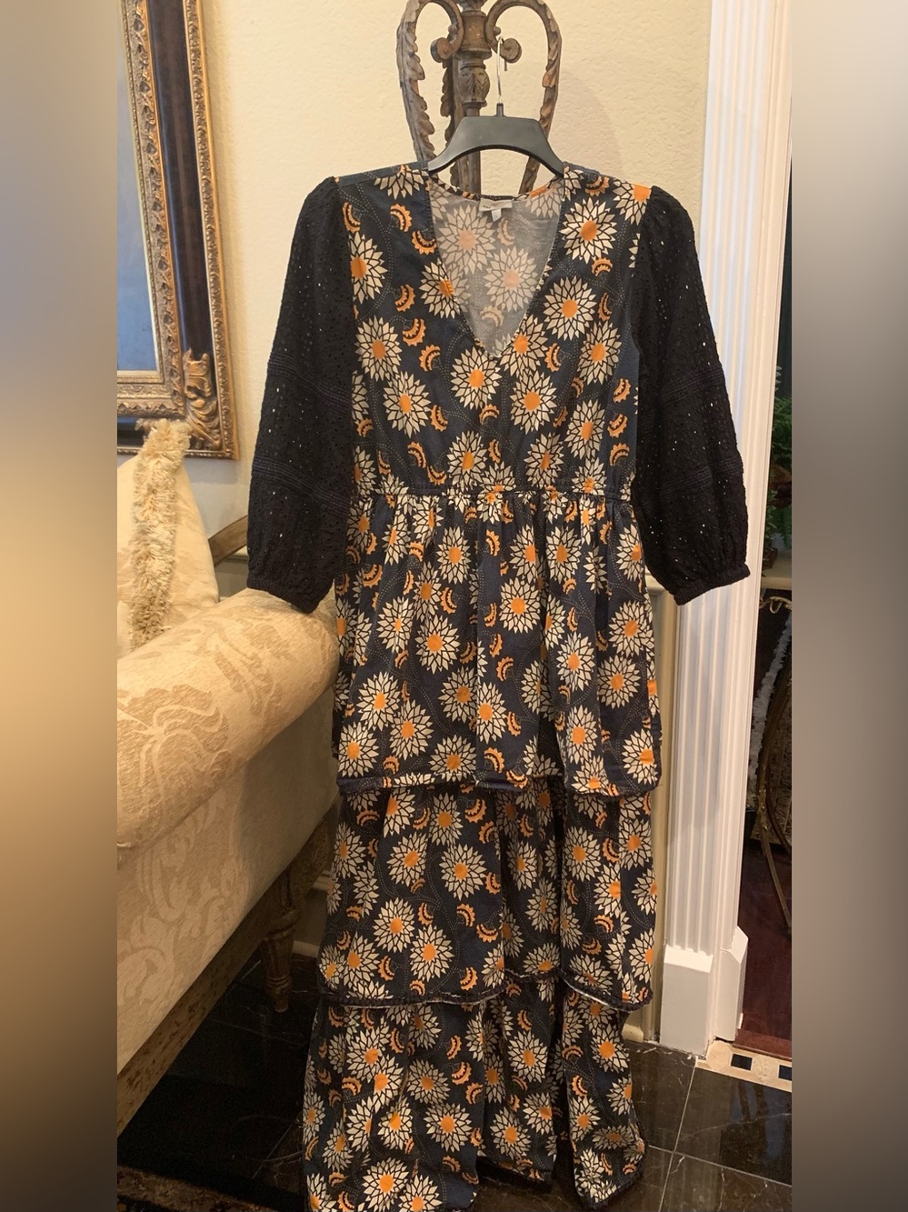 Black Floral Tiered Maxi Dress with Orange & Cream Daisies-Elastic waist